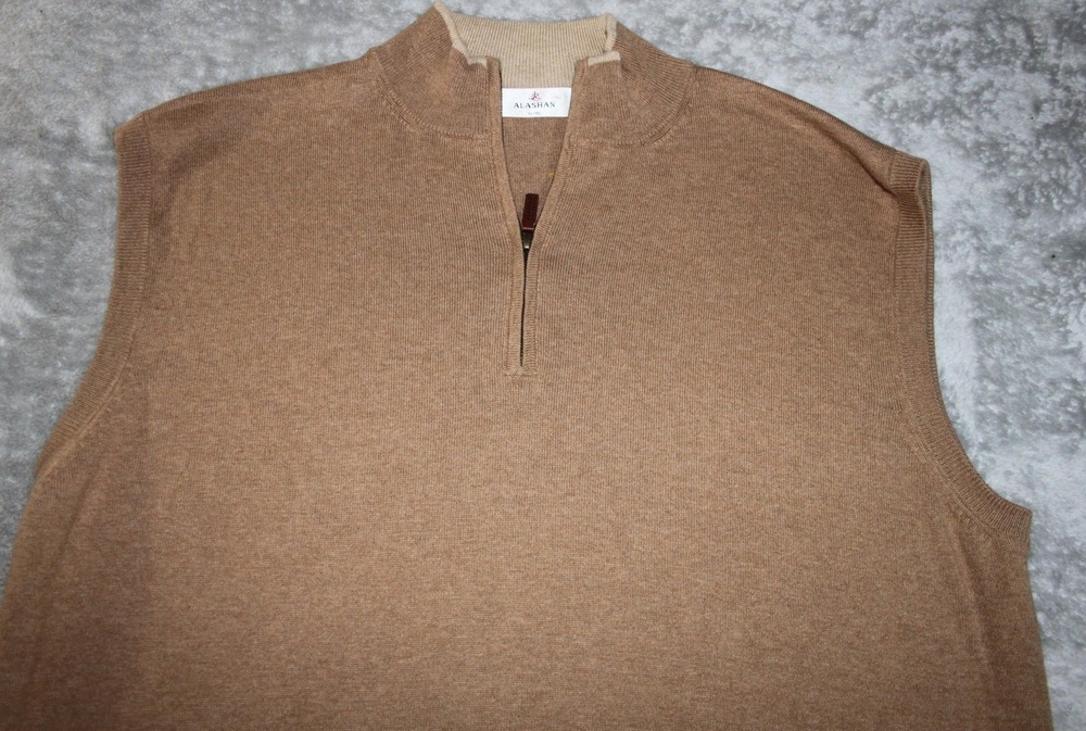 Alashan Sweater Vest Mens XL Beige 1/4 Zip Mock Neck Cotton Cashmere Lightweight
